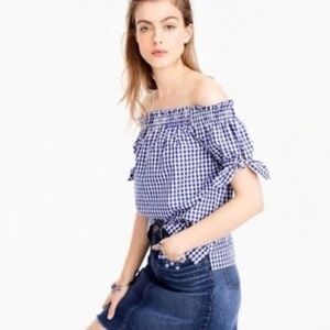 NWT! J Crew Blue Gingham Plaid Off The Shoulder Top - 00